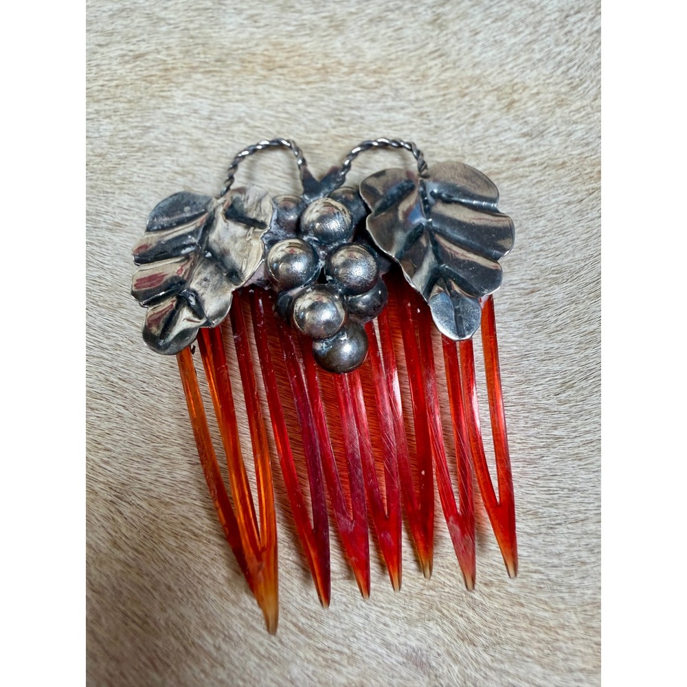 Vintage Sterling Silver Cluster Leaf Hair Comb Amber Translucent Accessoryng